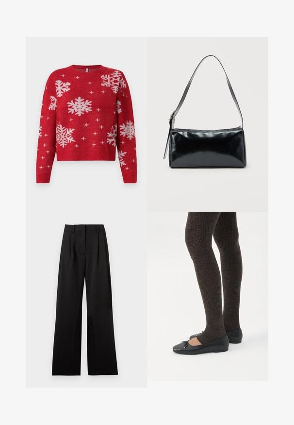 Pull rouge avec un col rond, orné de flocons de neige blancs et d'accents scintillants. Manches et ourlet côtelés, design cropped.; Pantalon large noir avec une texture lisse, comportant des plis avant, une taille plate et des passants de ceinture. Design simple et tailleur.; Jambes portant des leggings côtelés foncés associés à des ballerines noires avec de petits détails en nœud sur fond blanc.; Sac d'épaule rectangulaire noir avec une sangle réglable unique et une fermeture éclair supérieure sur un fond uni.