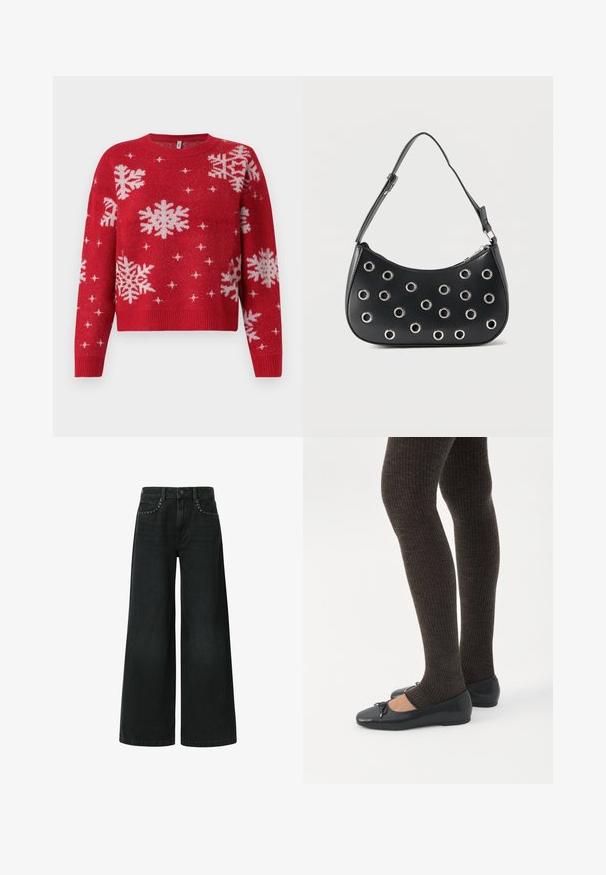 Rode trui met een ronde halslijn, versierd met witte sneeuwvlokken en sprankelende accenten. Geribbelde mouwen en zoom, cropped ontwerp.; Zwarte jeans met wijd uitlopende pijpen, gemaakt van denim, met een klassieke vijf-pocket design en decoratieve studded details nabij de voorkruiszakken.; Benen met donkere geribbelde leggings gecombineerd met zwarte ballerina's met kleine strikdetails op een witte achtergrond.; Zwarte leren schoudertas met verstelbare riem, voorzien van zilveren metalen oogjes en een ritssluiting bovenaan.