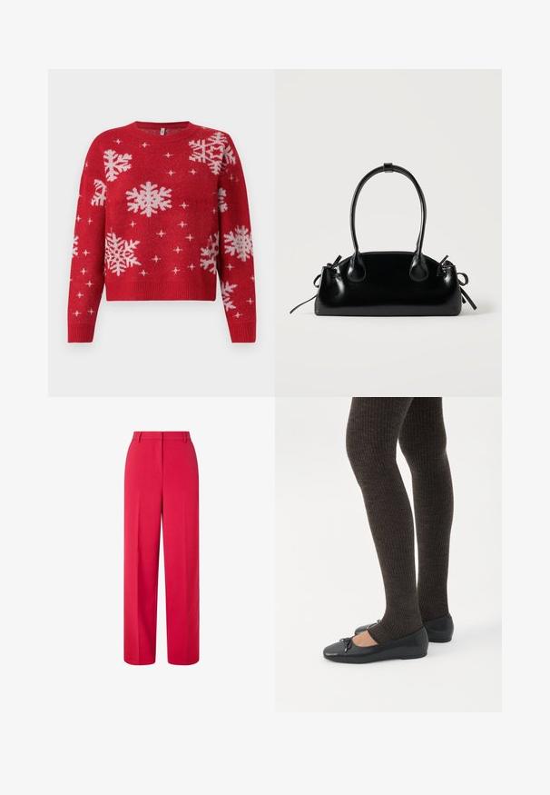Rød sweater med en rund halsudskæring, med hvide snefnug og glitrende detaljer overalt. Ribbet manchetter og kant, cropped design.; Højtaljede, vide røde bukser med bæltesløjfer og skjult frontlukning på en hvid baggrund.; Ben iført mørke ribbede leggings kombineret med sorte balletsko med små sløjfedetaljer på hvid baggrund.; Lille sort blank håndtaske med to lange håndtag og snøre-detaljer i siden på en ensfarvet lys baggrund.