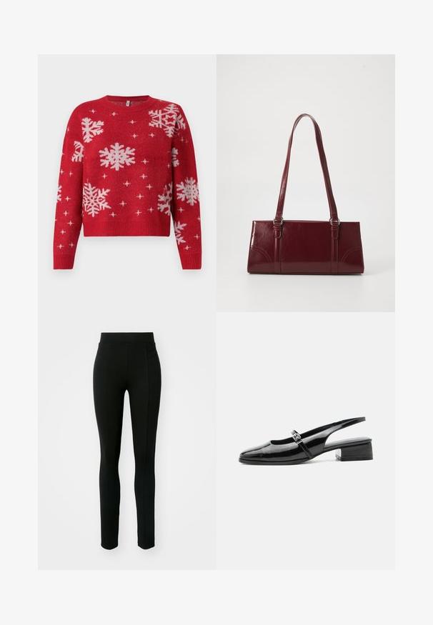 Rode trui met een ronde halslijn, versierd met witte sneeuwvlokken en sprankelende accenten. Geribbelde mouwen en zoom, cropped ontwerp.; Zwarte leggings van rekbaar materiaal, met een hoge taille, slim fit en twee voorzakken zonder zichtbare naden.; Zwarte lakleren slingback schoen met een lage blokhak en een dunne band met zilveren gesp bovenop.; Bourgondische handtas van glanzend materiaal, rechthoekige vorm, met twee schouderbanden en subtiele gebogen accenten aan de voorkant.