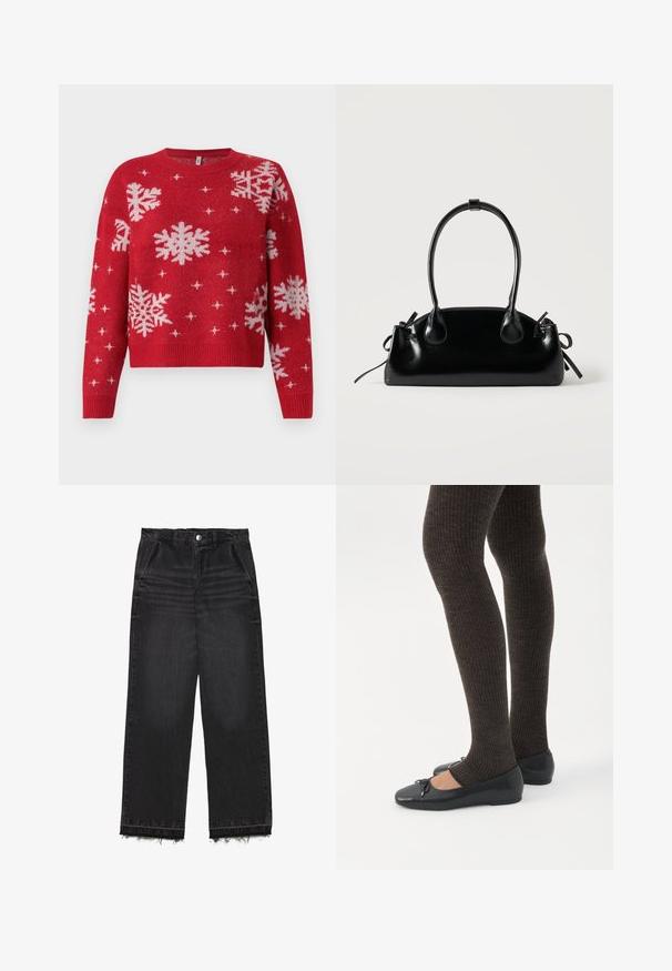 Rode trui met een ronde halslijn, versierd met witte sneeuwvlokken en sprankelende accenten. Geribbelde mouwen en zoom, cropped ontwerp.; Zwarte denim trousers met een rechte pijp. Kenmerkt zich door een hoge taille, een rafelige zoom en een subtiele vervaagde textuur. Voorzien van zijzakken.; Benen met donkere geribbelde leggings gecombineerd met zwarte ballerina's met kleine strikdetails op een witte achtergrond.; Kleine zwarte glanzende handtas met twee lange hengsels en zijkant trekkoord details op een effen lichte achtergrond.