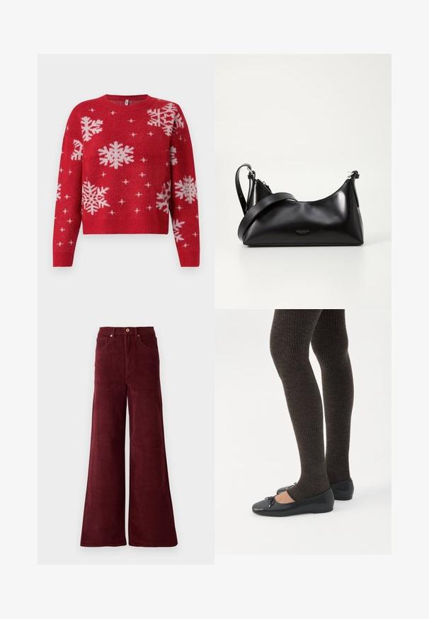 Suéter rojo con cuello redondeado, decorado con copos de nieve blancos y acentos brillantes. Puños y dobladillo acanalados, diseño corto.; Pantalones de pana de pierna ancha en burdeos, con una cintura alta, bolsillos frontales y cierre de botón. Tela texturada de canalé en toda la prenda.; Piernas con leggings oscuros acanalados combinados con bailarinas negras que presentan pequeños detalles de lazo sobre un fondo blanco.; Bolso de mano de cuero negro con una textura suave. Cuenta con una correa ajustable y un diseño elegante y minimalista con cierre de cremallera.