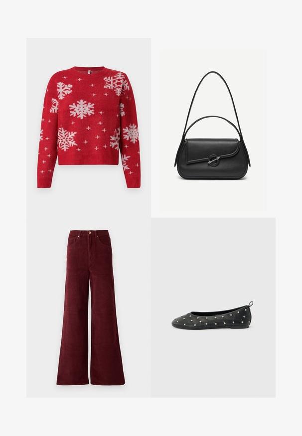 Suéter rojo con cuello redondeado, decorado con copos de nieve blancos y acentos brillantes. Puños y dobladillo acanalados, diseño corto.; Pantalones de pana de pierna ancha en burdeos, con una cintura alta, bolsillos frontales y cierre de botón. Tela texturada de canalé en toda la prenda.; Bailarina de cuero negro con pequeños tachones plateados y una lengüeta en el talón, vista de lado sobre un fondo gris claro.; Bolso de cuero negro con bordes redondeados, solapa asimétrica, cierre circular de metal y correas de hombro cortas y largas.
