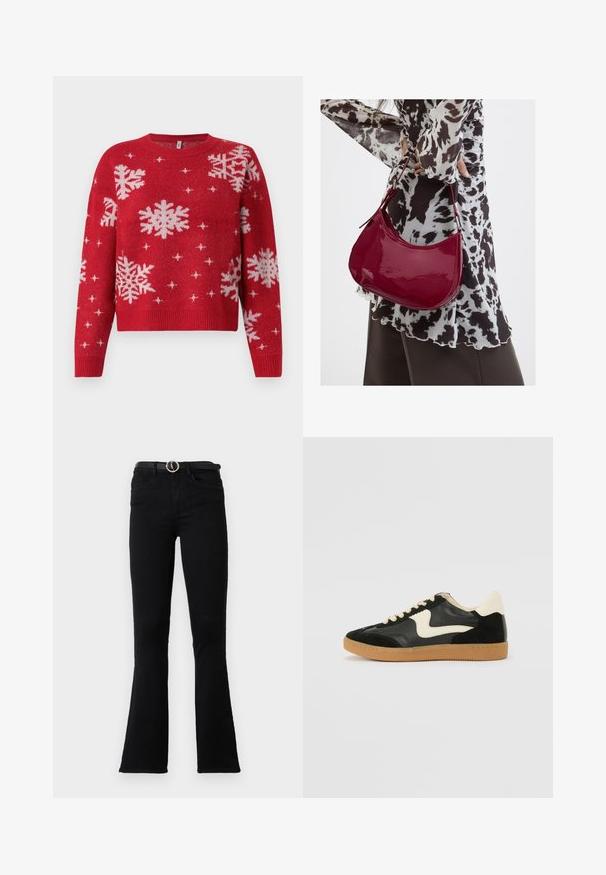 Pull rouge avec un col rond, orné de flocons de neige blancs et d'accents scintillants. Manches et ourlet côtelés, design cropped.; Jean évasé noir en denim, avec une taille ajustée, des poches avant et une ceinture à boucle argentée. Le tissu a une texture lisse.; Baskets en daim et cuir noir avec un swoosh latéral crème et un talon crème clair. Dotées de lacets beige et d'une semelle en caoutchouc gomme.; Femme portant un chemisier à motif noir et blanc tenant un sac à main rouge brillant sur un fond uni.