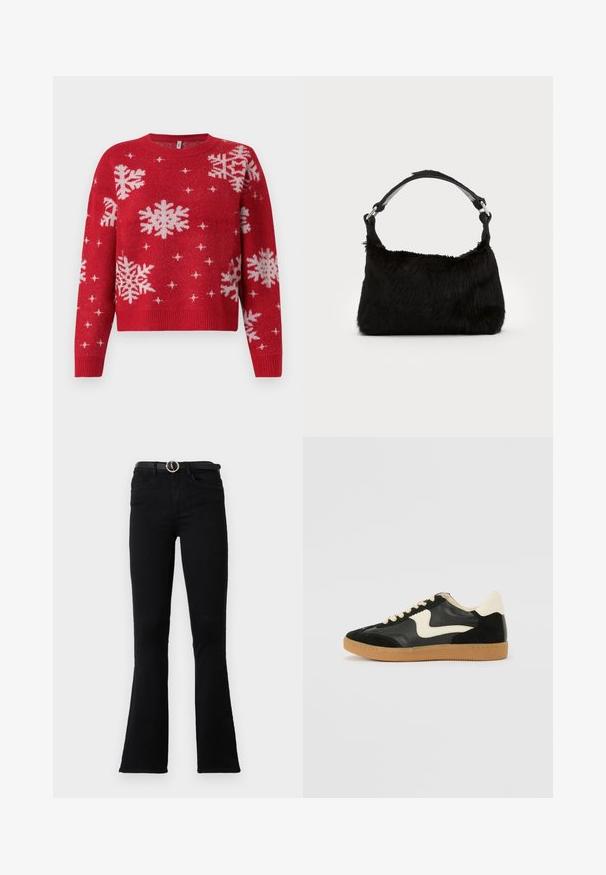 Pull rouge avec un col rond, orné de flocons de neige blancs et d'accents scintillants. Manches et ourlet côtelés, design cropped.; Jean évasé noir en denim, avec une taille ajustée, des poches avant et une ceinture à boucle argentée. Le tissu a une texture lisse.; Baskets en daim et cuir noir avec un swoosh latéral crème et un talon crème clair. Dotées de lacets beige et d'une semelle en caoutchouc gomme.; Sac à main en fausse fourrure noire avec une texture douce, une forme arrondie et une bandoulière en cuir noir robuste. Accent en métal argenté visible.