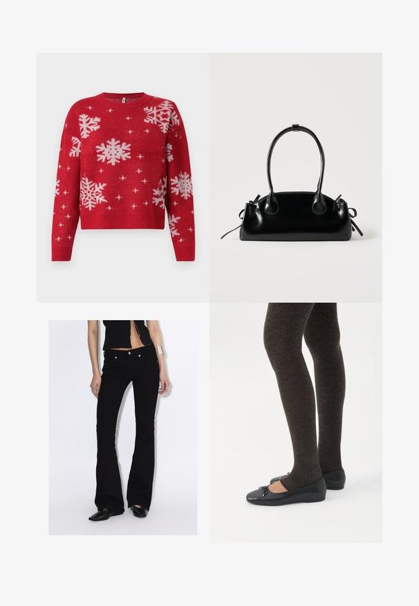 Rød sweater med en rund halsudskæring, med hvide snefnug og glitrende detaljer overalt. Ribbet manchetter og kant, cropped design.; Kvinde iført sorte vide bukser, sort ærmeløs top med lynlås foran, sorte spidse sko, sølvarmbånd og ringe, stående mod hvid baggrund.; Ben iført mørke ribbede leggings kombineret med sorte balletsko med små sløjfedetaljer på hvid baggrund.; Lille sort blank håndtaske med to lange håndtag og snøre-detaljer i siden på en ensfarvet lys baggrund.