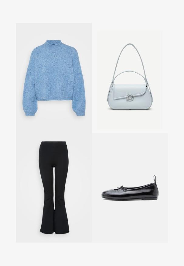 Vero Moda Petite VMGAIL HIGHNECK - Strickpullover - allure melange; Schwarze ausgestellte Leggings aus elastischem Material. Verfügt über einen hohen Bund und eine glatte Textur. Endet mit einem ausgestellten Saum.; Schwarze Lackleder-Ballerinas mit runder Zehenpartie, kleinen Schleifendetails und glatter Textur; verfügen über eine flache Laufsohle und eine Zuglasche an der Ferse.; Hellblaue Lederhandtasche mit abgerundetem Überschlag, silbernem, rundem Verschluss und zwei Schulterriemen vor einfarbigem Hintergrund.