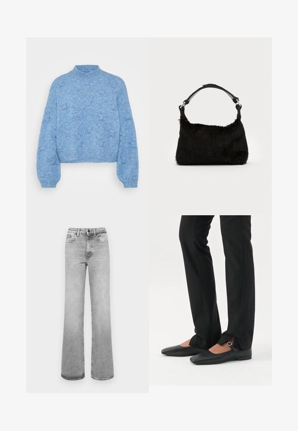 Vero Moda Petite VMGAIL HIGHNECK - Strickpullover - allure melange; Helle graue, ausgebleichte gerade Jeans mit Fronttaschen, Gürtelschlaufen sowie einem Knopf- und Reißverschluss.; Beine in schwarzen schmalen Hosen mit vorderen Schlitzen am Saum, kombiniert mit schwarzen flachen Mary-Jane-Schuhen mit kleinem Schnallenriemen.; Schwarze Kunstfell-Handtasche mit weicher Textur, runder Form und einem stabilen schwarzen Leder-Schulterriemen. Sichtbare silberne Hardware-Akzente.