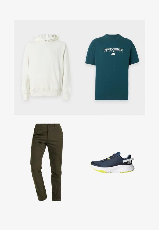 Valkoinen huppari pitkillä hihoilla, etupuolella tasku ja hienovarainen kohokuvioitu logo vasemmassa rinnassa.; Petrolinvärinen lyhythihainen pyöreäkauluksinen t-paita, jossa valkoinen "new balance ATHLETICS" -teksti ja logo keskellä rintaa.; Oliivinvihreät chinot, jotka on valmistettu kestävästä puuvillasekoitteesta, joissa on kapea malli, litteä etuosa, tavalliset taskut ja turvallinen napitus.; Juoksukengät, joissa on laivastonsininen verkko-osa, valkoinen välikenkä, ja kirkkaan keltainen ulkopohja. Sisältää pehmustetun kauluksen ja heijastavia yksityiskohtia.