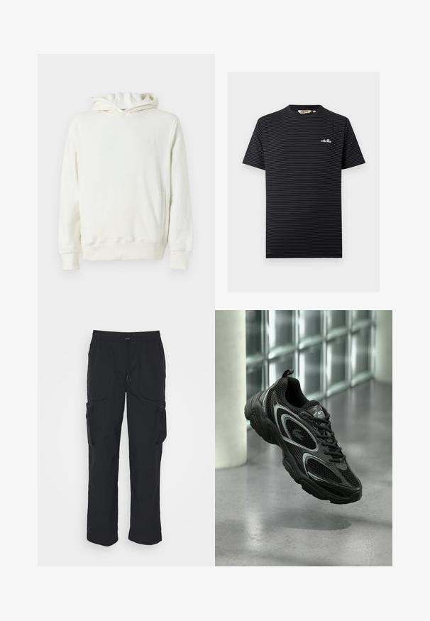Hvid pullover hoodie med lange ærmer, frontlomme og subtilt præget logo på venstre bryst.; Sort og mørkegrå t-shirt med korte ærmer og vandrette striber, lille hvid Ellesse-logo på venstre bryst og rund halsudskæring.; Sorte cargo-bukser lavet af vævet stof. Har justerbar talje, sidelommer og to værktøjslommer med lynlås.; Sort atletiksko med mesh og syntetisk materiale, der har en tekstureret sål, slankt design, sølvdetaljer og snørebånd foran.