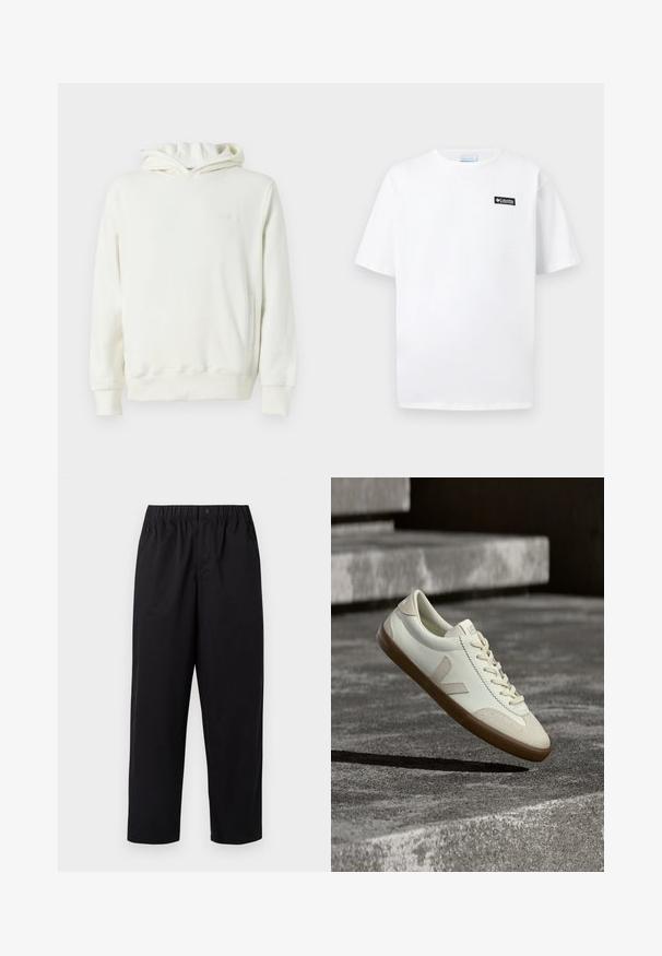 Sudadera con capucha blanca, de manga larga, con un bolsillo frontal tipo canguro y un logotipo sutil en relieve en el lado izquierdo del pecho.; Camiseta blanca de manga corta con cuello redondo y pequeño logo rectangular negro de Columbia en el pecho izquierdo.; Pantalones negros de pierna ancha con cintura elástica y un solo botón. Fabricados con una tela suave y ligera. Dobladillo recto.; Zapatillas blancas de cuero con suela de goma color beige, cordones planos y un acento en forma de V en el costado. Presentan una superficie lisa y detalles mínimos de costura.