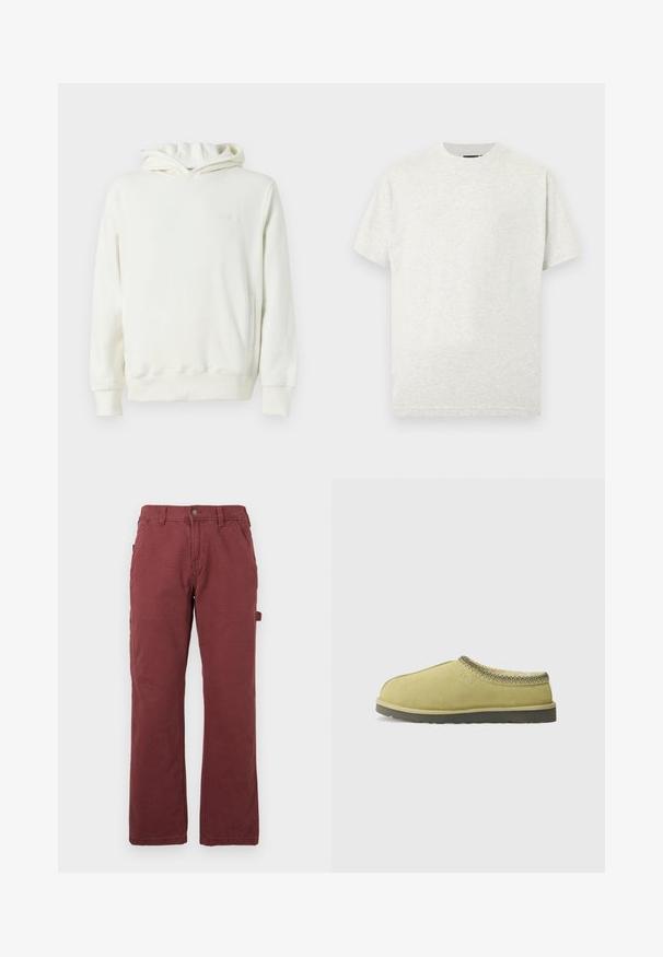 Sweat à capuche blanc avec manches longues, poche kangourou à l'avant et logo en relief discret sur la poitrine gauche.; T-shirt en coton gris clair avec col rond, manches courtes et texture lisse. Design simple sans motifs ni accents visibles.; Pantalons de travail droits pour hommes en rouge foncé, avec poches avant, passants de ceinture, bouton, fermeture éclair et une boucle utilitaire sur le côté.; UGG TASMAN II - Chaussons - muted brass/magnolia leaf