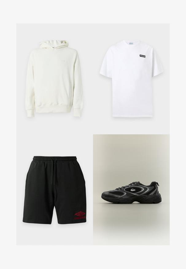 Witte sweater met capuchon, lange mouwen, een voorzak en een subtiel reliëflogo op de linkerborst.; Wit T-shirt met korte mouwen en een klein zwart Columbia-logo op de bovenste linkerborst tegen een effen achtergrond.; Zwarte sweatshorts met trekkoord, zijzakken en een rood Umbro-logo geborduurd op de onderste linkerbenen.; Zwarte en grijze sport sneaker met meshpanelen, vetersluiting, dikke zool en een klein krokodillologo aan de zijkant.