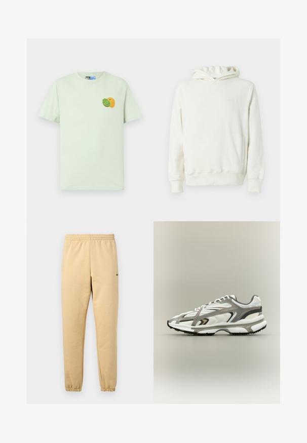 Sweat à capuche blanc avec manches longues, poche kangourou à l'avant et logo en relief discret sur la poitrine gauche.; T-shirt vert clair à manches courtes avec un petit motif de kiwi et d'orange sur le côté gauche de la poitrine.; Pantalon de jogging beige avec taille élastique et poignets, arborant un petit logo crocodile vert brodé sur la cuisse droite.; Chaussure de sport avec une tige en mesh blanc, des accents gris, une semelle en caoutchouc noire et un design épuré. Elle présente des lacets et des détails texturés.