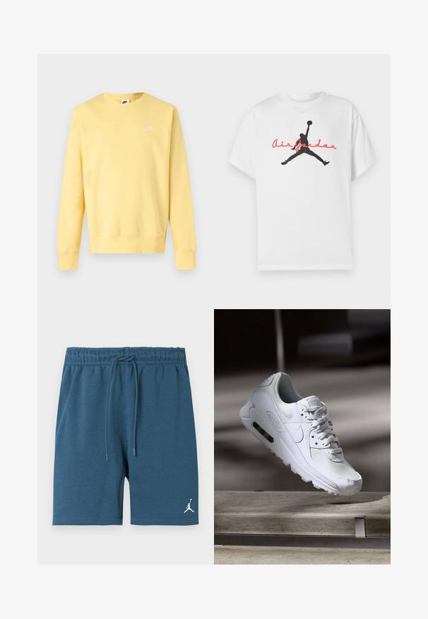 Ανοιχτό κίτρινο φούτερ Nike με μακριά μανίκια και στρογγυλή λαιμόκοψη, με μικρό λευκό λογότυπο Nike στο αριστερό στήθος, εμφανιζόμενο σε απλό φόντο.; Λευκό βαμβακερό μπλουζάκι με μαύρη σιλουέτα παίκτη μπάσκετ και κόκκινο κείμενο "Air Jordan" στο στήθος. Μανίκια κοντά, κλασική εφαρμογή.; Μπλε βαμβακερά σορτς με ελαστική μέση και ρυθμιζόμενο κορδόνι. Διαθέτει λευκό λογότυπο Jumpman στο κάτω αριστερό μέρος.; Λευκό αθλητικό παπούτσι Nike Air Max 90 με άνω μέρος από διχτυωτό και δερμάτινο υλικό, τρυπητό μπροστινό μέρος και ορατή μονάδα αέρα στη φτέρνα.