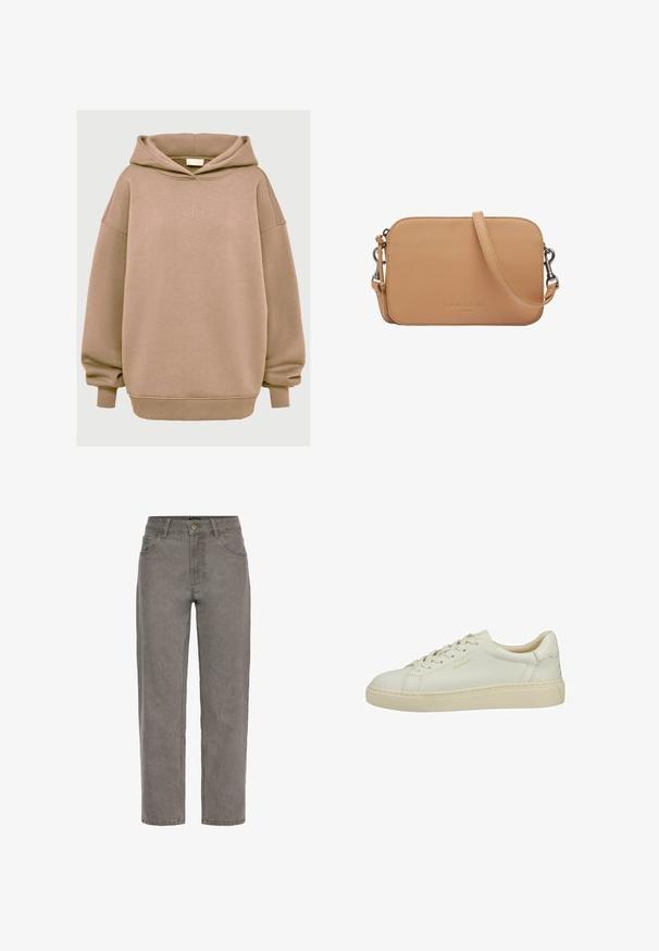 Tan oversized hoodie van een zachte katoenmix, met een trekkoordcapuchon, ribbelboorden en geborduurd logo op de voorkant. Gladde textuur.; Grijze denim jeans met rechte pijpen, knoop- en ritssluiting, voor- en achterzakken en riemlussen.; Lage sneaker van roomkleurig leer met veters aan de voorkant, een gestructureerde zool en subtiele "GANT"-branding op de zijkant en hiel.; Tan rechthoekige leren crossbodytas met verstelbare riem en zilveren gespen, voorzien van een klein merknaam reliëf in het midden van de voorkant.
