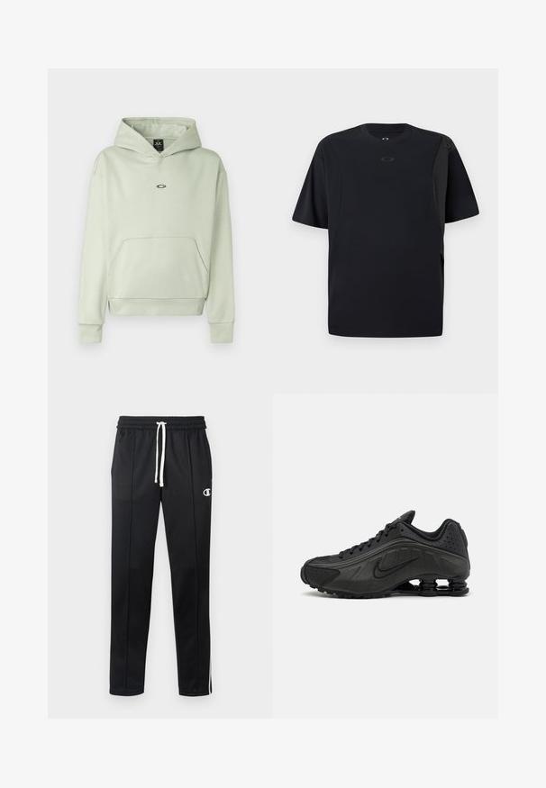 Sudadera verde claro con un bolsillo en la parte delantera, capucha con cordones y un pequeño logo en el pecho. Tejido suave, puños y dobladillo acanalados. Diseño simple.; Camiseta negra de manga corta hecha de tela suave, con un diseño asimétrico y un pequeño logo en el pecho.; Pantalones deportivos negros con cordón blanco, rayas laterales, bolsillos frontales y un pequeño logo blanco de Champion en el muslo izquierdo.; Zapatillas de running negras con un upper sintético liso, detalles perforados, paneles laterales texturizados y una suela distintiva y elástica.