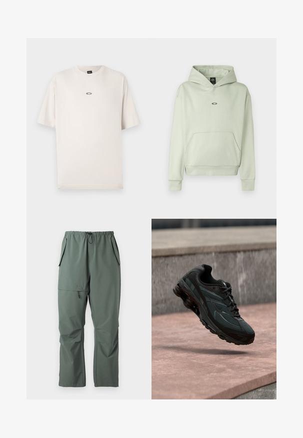 Lys grøn hoodie med en frontlomme, snøre i huen og et lille logo på brystet. Blødt stof, ribbede ærmer og kant. Simpelt design.; Oakley RISE TEE - T-shirts basic - mist; Grønne, letvægtsbukser med elastisk talje, snor og flere lommer. Glat tekstur med en afslappet, løs pasform.; Sort atletisk sneaker med synligt luftdæmpende mellemsål, der svæver over en pink stenoverflade med en grå stenvæg i baggrunden.