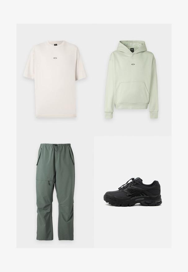 Lys grøn hoodie med en frontlomme, snøre i huen og et lille logo på brystet. Blødt stof, ribbede ærmer og kant. Simpelt design.; Oakley RISE TEE - T-shirts basic - mist; Grønne, letvægtsbukser med elastisk talje, snor og flere lommer. Glat tekstur med en afslappet, løs pasform.; Sort atletisk sneaker med tekstureret stof, tyk polstret sål, luftventiler og snørelukning, vist fra siden på en lys baggrund.