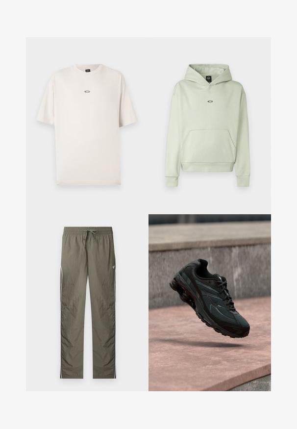 Haut à capuche vert clair avec une poche frontale, une capuche à cordon, et un petit logo sur la poitrine. Tissu doux, poignets et ourlet côtelés. Design simple.; Oakley RISE TEE - T-shirt basique - mist; Pantalon de sport léger vert olive avec taille élastique, cordon de serrage, bandes blanches sur les côtés et petit logo papillon sur la cuisse droite.; Baskets athlétiques noires avec une semelle intercalaire à coussin d’air visible flottant au-dessus d’une surface en pierre rose avec un mur en pierre gris en arrière-plan.