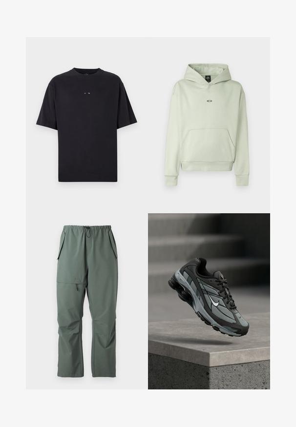 Lichtgroene hoodie met een voorzak, een trekkoordkap en een klein logo op de borst. Zacht materiaal, ribbelboorden en -zoom. Eenvoudig ontwerp.; Oakley RISE TEE - T-shirt basic - blackout; Groene, lichte broeken met een elastische tailleband, trekkoord en meerdere zakken. Gladde textuur met een ontspannen, losse pasvorm.; Grijze en zwarte sportieve sneaker met meshpanelen en dikke zool, zwevend in de lucht boven een betonnen richel met trappen op de achtergrond.