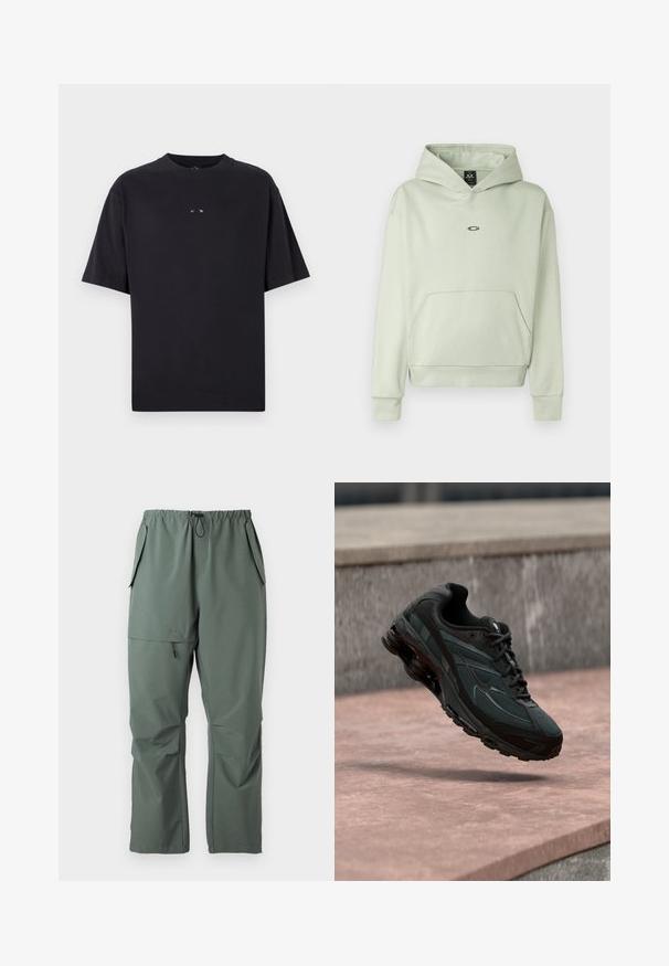 Svetlozelená mikina s prednou vreckom, kapucňou na šnúrku a malým logom na hrudi. Mäkka látka, rebrované manžety a lem. Jednoduchý dizajn.; Oakley RISE TEE - Základné tričko - blackout; Zelené, ľahké nohavice s elastickým pásom, šnúrkou a viacerými vreckami. Hladká textúra s uvoľneným, voľným strihom.; Čierna atletická teniska s viditeľnou medzipodrážkou s air cushioning, ktorá visí nad ružovým kamenným povrchom s pozadím sivej kamennej steny.