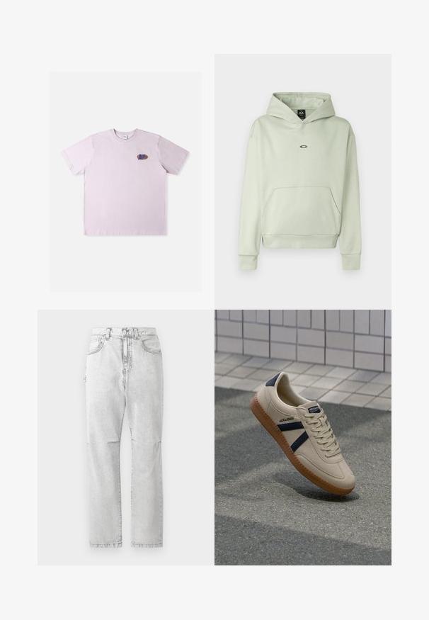 Lys grøn hoodie med en frontlomme, snøre i huen og et lille logo på brystet. Blødt stof, ribbede ærmer og kant. Simpelt design.; Lyserød bomuld T-shirt med korte ærmer, med en lille flerfarvet logo på venstre brystområde. Enkel, afslappet design.; Lys grå jeans med lige ben, forlommer, knaplukning og subtile falmede detaljer, vist mod en hvid baggrund.; Beige sneaker med struktureret overflade, marineblå striber og gummisål. Har en polstret tunge og traditionelt snørresystem for en sikker pasform.