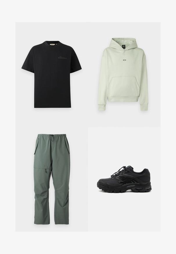 Sudadera verde claro con un bolsillo en la parte delantera, capucha con cordones y un pequeño logo en el pecho. Tejido suave, puños y dobladillo acanalados. Diseño simple.; Camiseta negra de algodón con cuello redondo estándar y mangas cortas. Presenta un logo sutil en relieve en el pecho.; Pantalones verdes, ligeros, con cintura elástica, cordón ajustable y múltiples bolsillos. Textura suave con un corte relajado y holgado.; Zapatilla deportiva negra con tejido texturizado, suela gruesa y acolchada, ventilaciones y cierre con cordones, mostrada de lado sobre un fondo claro.