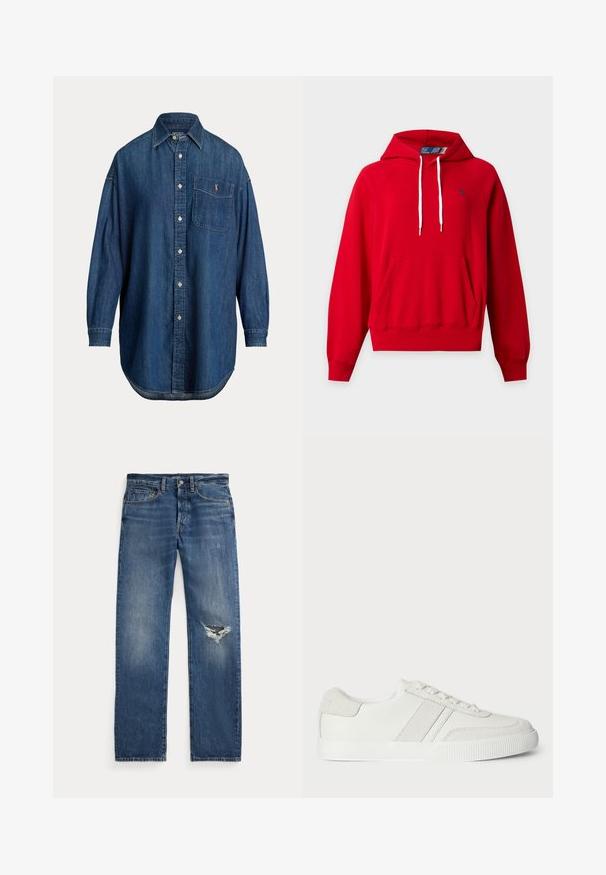 Rød hættetrøje med forlomme, hvide snore, ribkant ved ærmer og kant samt lille navy-logo på venstre bryst.; Langærmet blå denim knap-op skjorte med brystlomme med lille broderet logo og klassisk krave.; Blå denim jeans med medium talje, fem lommer og et hullet slid på højre knæ.; Hvid sneakers med en glat læderoverdel, suedet detaljer og flade snørebånd. Har en tekstureret gummisål og et minimalistisk design.