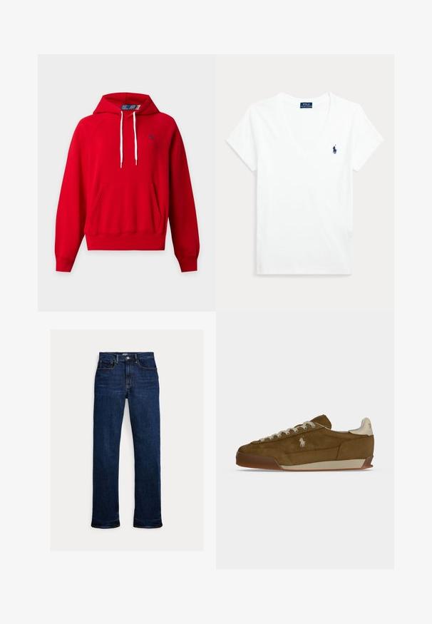 Rode hoodie met voorzak, witte trekkoorden, geribbelde boorden en zoom, en klein marineblauw logo op de linkerborst.; Witte T-shirt met korte mouwen en V-hals, met klein marineblauw Polo Ralph Lauren-logo op de linkerborst.; Donkerblauwe straight-leg spijkerbroek met knoop en rits aan de voorkant, ontwerp met vijf zakken en zichtbare stikseldetails.; Bruine suède sneaker met crèmekleurige veters, dikke zool en een klein wit geborduurd logo aan de zijkant.