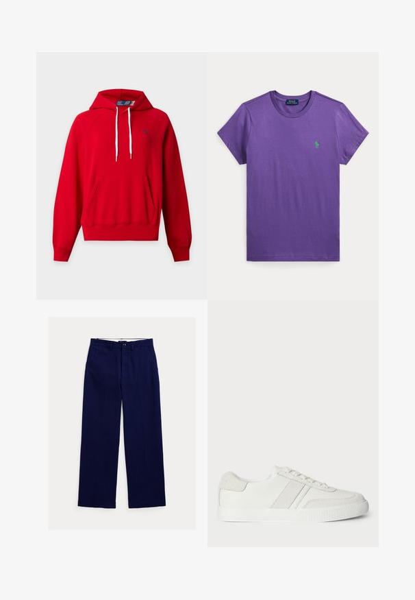 Sudadera roja con capucha, bolsillo delantero, cordones blancos, puños y dobladillo acanalados, y pequeño logo azul marino en el pecho izquierdo.; Camiseta morada de manga corta con cuello redondo, con el logo verde de Polo Ralph Lauren bordado en el pecho izquierdo.; Pantalones azul marino de corte recto con trabillas para cinturón, cierre frontal con botones y bolsillos laterales sobre fondo blanco.; Zapatilla blanca con parte superior de cuero liso, acentos de ante y cordones planos. Presenta una suela de goma texturizada y un diseño minimalista.