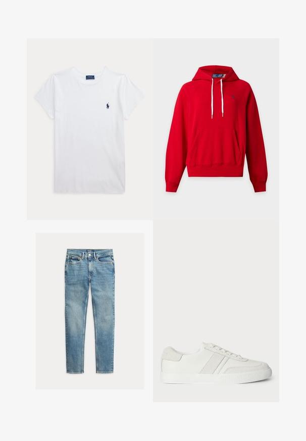 Rotes Kapuzensweatshirt mit Fronttasche, weißen Kordeln, gerippten Bündchen und Saum sowie kleinem marineblauem Logo auf der linken Brust.; Weißes T-Shirt mit kurzen Ärmeln und Rundhalsausschnitt mit kleinem dunkelblauem Polo Ralph Lauren Logo auf der linken Brust.; Hellblaue Slim-Fit-Jeans mit fünf Taschen und Knopfverschluss, flach auf weißem Hintergrund liegend.; Weiße Sneaker mit einem Obermaterial aus glattem Leder, Wildlederakzenten und flachen Schnürsenkeln. Verfügt über eine strukturierte Gummisohle und ein minimalistisches Design.