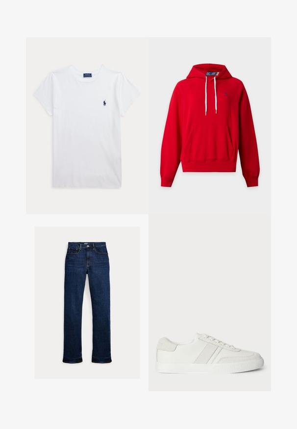 Rotes Kapuzensweatshirt mit Fronttasche, weißen Kordeln, gerippten Bündchen und Saum sowie kleinem marineblauem Logo auf der linken Brust.; Weißes T-Shirt mit kurzen Ärmeln und Rundhalsausschnitt mit kleinem dunkelblauem Polo Ralph Lauren Logo auf der linken Brust.; Dunkelblaue Straight-Leg-Denim-Jeans mit Frontknopf und Reißverschluss, Fünf-Taschen-Design und sichtbaren Nähten.; Weiße Sneaker mit einem Obermaterial aus glattem Leder, Wildlederakzenten und flachen Schnürsenkeln. Verfügt über eine strukturierte Gummisohle und ein minimalistisches Design.