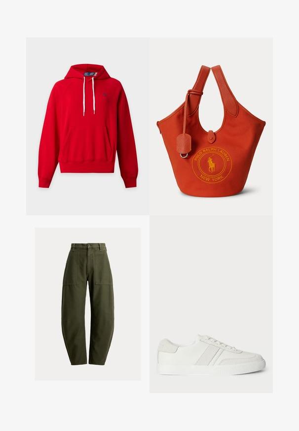 Sweat à capuche rouge avec poche avant, cordons blancs, poignets et bas côtelés, et petit logo bleu marine sur la poitrine gauche.; Pantalon cargo vert olive en tissu robuste, avec taille haute, multiples poches avant, et coupe décontractée.; Basket blanche avec une tige en cuir lisse, des accents en suède et des lacets plats. Dispose d'une semelle en caoutchouc texturée et d'un design minimaliste.; Sac cabas en toile rouge avec poignées en cuir et logo Polo Ralph Lauren New York brodé en jaune sur le devant.