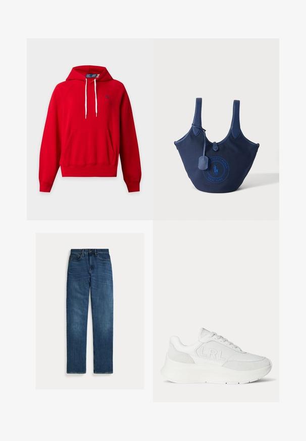 Rotes Kapuzensweatshirt mit Fronttasche, weißen Kordeln, gerippten Bündchen und Saum sowie kleinem marineblauem Logo auf der linken Brust.; Straight-leg blaue Denim-Jeans mit fünf Taschen, Knopfverschluss und subtilen Verwaschungen an Oberschenkeln und Knien, flach auf weißem Hintergrund gelegt.; Weißer Ledersneaker mit dicker Sohle und auf der Seite eingeprägtem "LRL", mit Schnürsenkeln und Wildlederakzenten an Ferse und Zehenbereich.; Marineblaue Canvas-Tragetasche mit Ledergriffen und einem Logo-Aufnäher mit der Aufschrift Polo Ralph Lauren New York in der Mitte.
