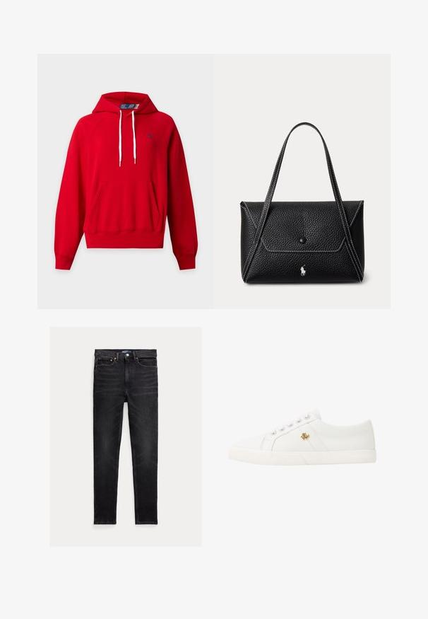 Rød hættetrøje med forlomme, hvide snore, ribkant ved ærmer og kant samt lille navy-logo på venstre bryst.; Slim-fit sorte jeans med fem lommer, knaplukning og Polo mærke på linningen, lagt fladt på en hvid baggrund.; Lauren Ralph Lauren JANSON II CANVAS SNEAKER - Sneakers - optic white; Sort tekstureret læderhåndtaske med enkelt knapklap, to skulderremme, hvid syning og lille hvid hestelogo foran.