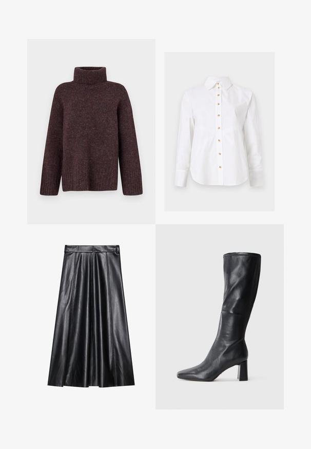 Vero Moda Knitted VMINGRID Knitted - Strickpullover - winetasting; Weißes langärmliges Hemd mit spitzem Kragen und hellbraunen Knöpfen vorne in der Mitte.; Schwarzer Leder-A-Linie-Rock mit Falten, der eine glatte Textur, einen figurschmeichelnden Bund und sichtbare Nahtdetails aufweist. Keine zusätzlichen Akzente.; Schwarze Lederkniehohe Stiefel mit spitzer Zehe und blockartigem Absatz. Glatte Oberfläche mit eleganter Form und dezenten Stichdetails.