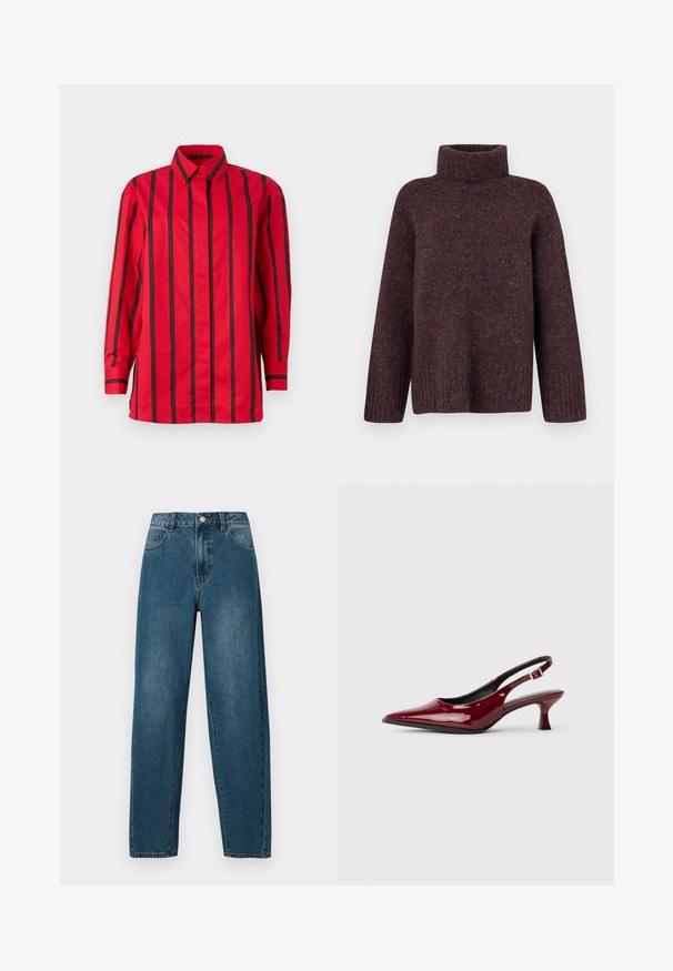 Vero Moda Knitted VMINGRID Knitted - Striktrøje - winetasting; Rød langærmet skjorte med knapper og sorte lodrette striber samt en spids krave, vist mod en ensfarvet baggrund.; Mørkeblå denimjeans med en afslappet pasform, fem-lomme design og synlige sømdetaljer. Stoffet er struktureret og let falmet.; Bordeaux patenteret læder slingback hæle med spids tå og en slank stiletto hæl. Åben rygdesign med justerbar ankelrem.