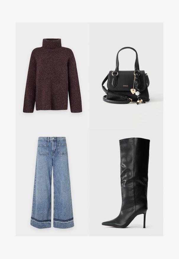 Vero Moda Knitted VMINGRID Knitted - Πουλόβερ - winetasting; Ανοιχτό μπλε τζιν παντελόνι με φαρδιά καμπάνα, ψηλή μέση, δύο πίσω τσέπες και αντίθετες ραφές κατά μήκος των μπατζακιών.; Μαύρη δερμάτινη μπότες μέχρι το γόνατο με μυτερή μύτη και λεπτό ψηλό τακούνι σε λευκό φόντο.; Μαύρη δερμάτινη τσάντα Hugo με δύο χερούλια, αποσπώμενο λουράκι και διακοσμητικό ασπρόμαυρο κορδόνι με χρυσό γούρι σε σχήμα καρδιάς.