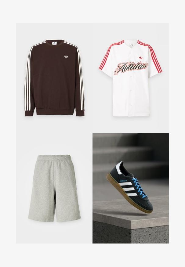 Mørkebrun Adidas-sweatshirt med hvide tre striber langs ærmerne og hvid Adidas trebladet logo på brystet.; Hvid kortærmet skjorte med knapper, med røde Adidas-striber på skuldrene, stor stiliseret "Adidas"-tekst og rødt trefoil-logo på brystet.; Grå bomuldsshorts med elastisk talje, knælængde design og diskret logo detalje på siden. Blød tekstur med en afslappet, sportiv pasform.; Sort Adidas sneaker med hvide striber, blå snørebånd og gummisål, der svæver over gråt betontrin i blødt lys.