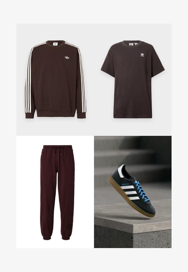 Sudadera Adidas de color marrón oscuro con tres rayas blancas a lo largo de las mangas y el logo de trébol de Adidas en blanco en el pecho.; Camiseta de algodón marrón oscuro con mangas cortas, cuello redondo y logo blanco de Adidas en el lado izquierdo del pecho. Diseño simple y de corte relajado.; Pantalones de chándal burdeos de una tela suave, con cintura elástica y cordón, tobillos ajustados y detalles sutiles en los paneles laterales.; Zapatilla negra Adidas con franjas blancas, cordones azules y suela de goma flotando sobre un escalón de hormigón gris con luz suave.