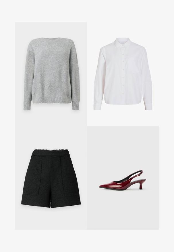 Lys grå sweater i blødt stof har en rund halsudskæring, afslappet pasform samt ribbede manchetter og kant for tekstur og detaljer.; Hvid skjorte med lange ærmer, knapper foran, klassisk krave, enkelt brystlomme, lavet af glat, let stof med løs pasform.; Sorte shorts lavet af tekstureret stof med en frynset kant, der har to forlommer og en skræddersyet pasform.; Bordeaux patenteret læder slingback hæle med spids tå og en slank stiletto hæl. Åben rygdesign med justerbar ankelrem.