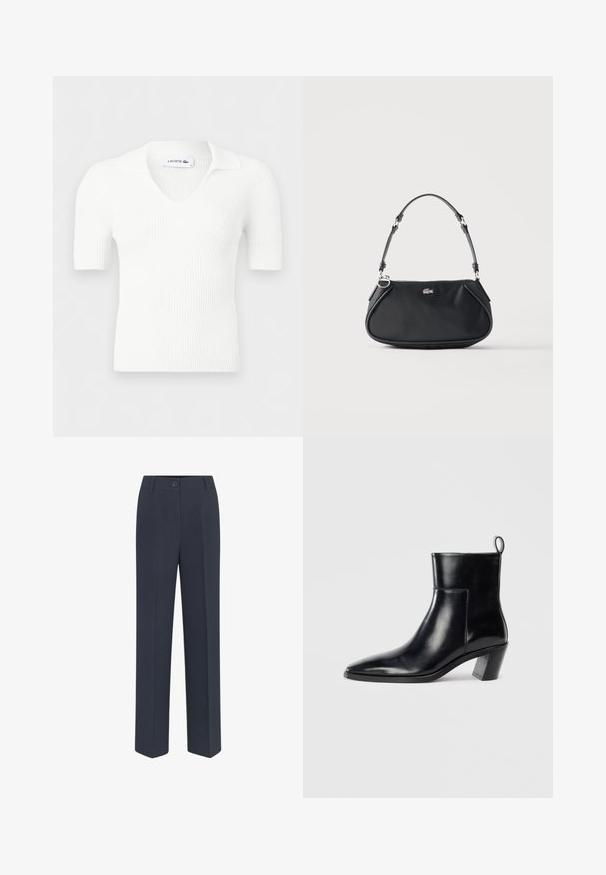Haut tricoté blanc à manches courtes côtelées avec un col en V et un col, affichant une étiquette Lacoste à l'intérieur de l'encolure.; Pantalons ajustés bleu marine avec une coupe droite, dotés d'une fermeture à bouton sur le devant et de détails de plis discrets. Texture de tissu lisse.; Bottine en cuir noir avec un bout pointu, un talon empilé géométrique et une languette à l'arrière. Texture lisse et design épuré.; Sac d'épaule noir avec sangle réglable, fermeture éclair et petit logo crocodile argenté au centre devant.