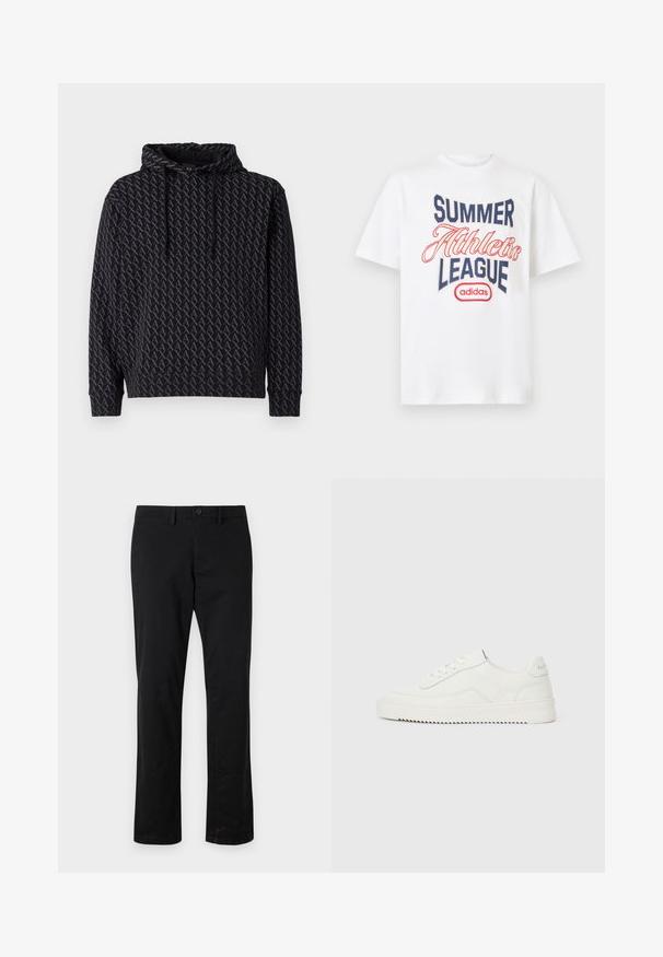 Μαύρο hoodie με επαναλαμβανόμενο γκρι λογότυπο, διαθέτει κουκούλα με κορδόνι και ραμμένα μανίκια και ποδόγυρο.; Άσπρο βαμβακερό t-shirt με στρογγυλή λαιμόκοψη, κοντά μανίκια και γραφικό τύπωμα που αναγράφει "SUMMER ATHLETIC LEAGUE" σε ναυτικό μπλε και κόκκινο.; Μαύρο παντελόνι straight-leg από βαμβάκι, με κλείσιμο μπροστά με κουμπί, τυπικές τσέπες και ελάχιστη υφή.; Χαμηλά λευκά δερμάτινα αθλητικά παπούτσια με κορδόνια, υφασμένο ταμπελάκι στη φτέρνα και ελαφρώς ραβδωτή λευκή ελαστική σόλα σε απλό ανοιχτό φόντο.