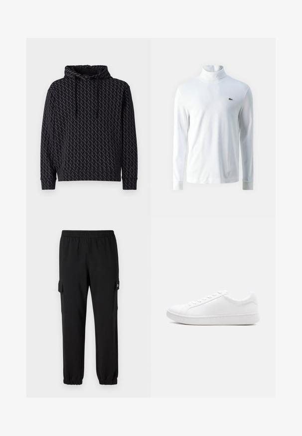Sudadera con capucha en negro que presenta un patrón repetitivo de logotipos grises, con capucha ajustable y puños y dobladillo acanalados.; Camisa de cuello alto de manga larga blanca hecha de tela suave, con un pequeño logo bordado verde en el pecho y puños ajustados.; Pantalones de chándal negros con cintura elástica, puños ajustados y bolsillos laterales tipo cargo. Fabricados con material suave y textura lisa.; Zapatilla blanca de cuero liso con cierre de cordones, diseño bajo y suela gruesa de caucho, vista lateral sobre un fondo liso.