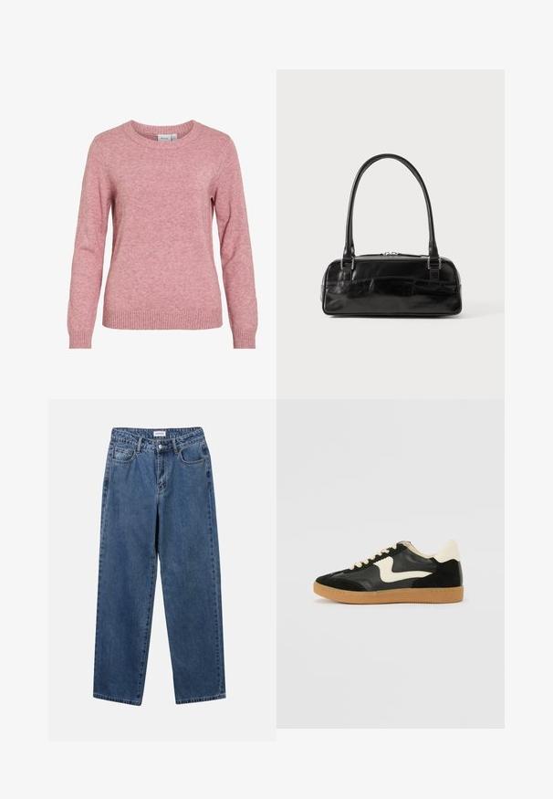 Zachte roze gebreide trui met lange mouwen, ronde hals en geribde boorden en zoom, met merklabel "VILA" aan de binnenkant van de kraag.; Klassieke blauwe denim jeans met een rechte pijp, vijf zakken en een knoopsluiting. Heeft een middelgrote wasbeurt en stevige textuur.; Zwarte suède en leren sneaker met een crèmekleurige zij-swoosh en lichte crèmekleurige hiel. Voorzien van beige veters en een gumrubberen zool.; Zwarte leren handtas met een rechthoekige vorm, voorzien van een enkele gestructureerde handgreep, zilveren hardware en ritsluiting. Gladde textuur.