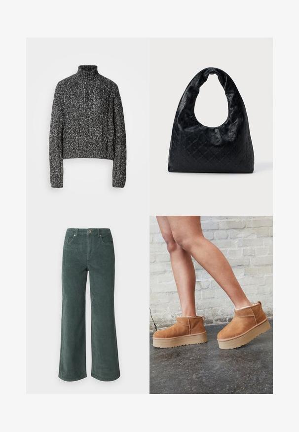 Tykke halskæde sweater i en sort og grå meleret strik. Har en cropped længde og ribbede manchetter med et struktureret kabelmønster.; Vero Moda Petite VMTESSA PANTS - Bukser - balsam green; Brune ruskinds ankelsko med en blød foring, tyk beige plattformsål og en bageste løkke. Tekstureret overflade med synlige sømdetaljer.; Sort læder håndtaske med en struktureret, rund form, der har et stort halvmåneudskåret håndtag og et struktureret diamantmønster.