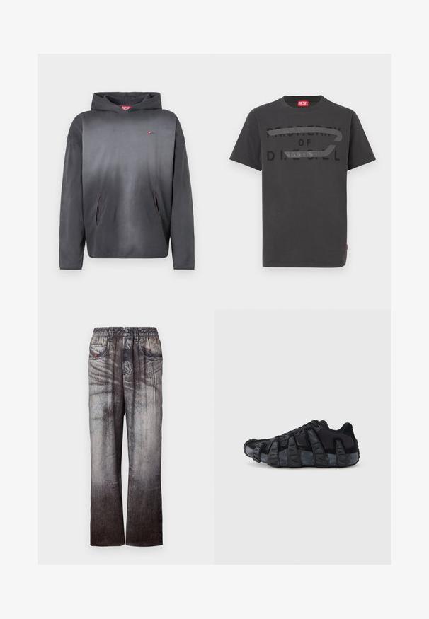 Dunkelgrauer Kapuzenpullover mit kleinem rotem Logo auf der Brust und zwei Vorderaschen, auf weißem Hintergrund dargestellt.; Graues Baumwoll-T-Shirt mit fettem schwarzem Text "PROPERTY OF D.I.E.S.E.L.", glatter Textur und kurzen Ärmeln.; Jeans mit einem verblassten Blau-zu-Grau-Gradient, elastischem Bund und seitlichen Taschen. Sie besitzen eine strukturierte Oberfläche mit subtilem Nähen.; Schwarzer Sneaker mit übertriebener gerippter Sohle, Schnürdesign und Obermaterial aus gemischtem Textil und Wildleder, von der Außenseite vor weißem Hintergrund gezeigt.