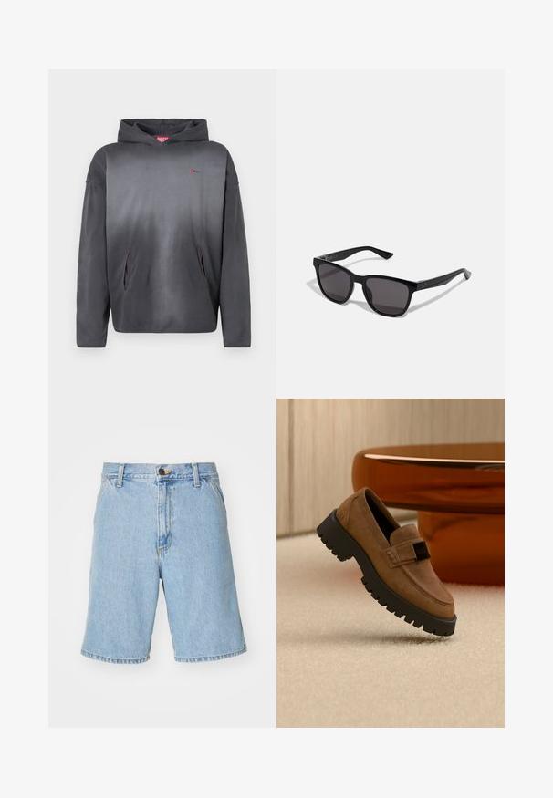 Mørkegrå hættetrøje med lille rød logo på brystet og to forlommer, vist på hvid baggrund.; Lysblå denim shorts med en afslappet pasform, der har lynlås og knaplukning samt fire lommer. Stoffet har en glat tekstur.; Brun ruskind-loafer med tyk sort grovmønsteret sål og sort GUESS-logo-plakette, vist på beige tæppe nær et rundt orange bord.; Sorte solbriller med firkantet stel, der har mørke linser og slanke plast-lemmer. Bemærkelsesværdig guldaccent nær hængslet.