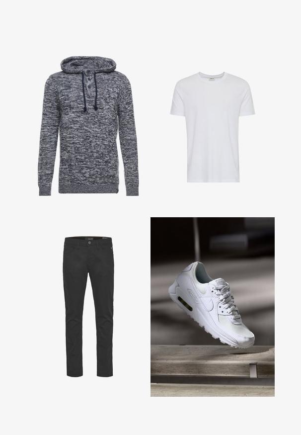 Gebreide hoodie in donkerblauw en grijs gemêleerd stof; heeft een voorpatiënt met drie knopen, aantrekkoord en geribbelde manchetten en zoom.; Effen wit T-shirt met korte mouwen en een ronde hals, getoond op een witte achtergrond, met een klein neklabel waarop het merk “Solid” staat.; Zwarte katoenmix broek met een slim fit, voorzien van vijf zakken, een voorknoop en ritsluiting, met subtiele stikdetails.; Witte Nike Air Max 90 sneaker met een bovenwerk van mesh en leer, een geperforeerde teenbox en een zichtbare luchtunit in de hiel.